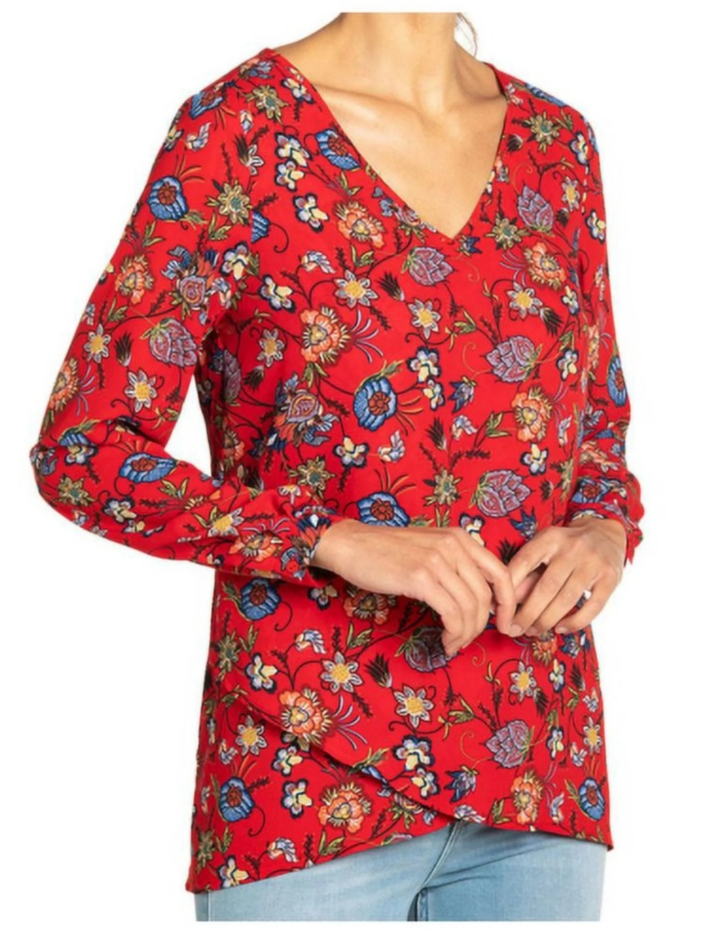 Chelsea & Theodore Red Floral V-Neck Blouse